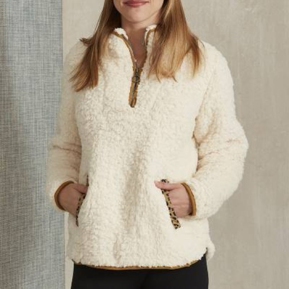 Thread & Supply Cream Sherpa Fleece Jacket Size Small With Leopard Trim